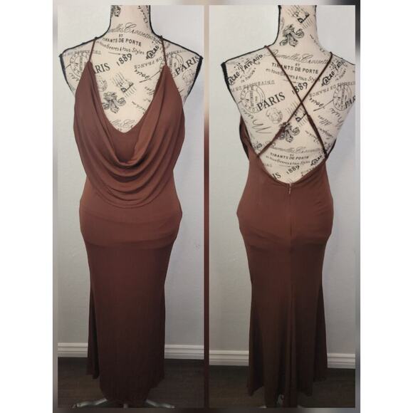 NWT Hello Molly Slip Maxi Dress SZ Small 4 Cowl Neck Backless Chocolate Brown - Picture 1 of 14